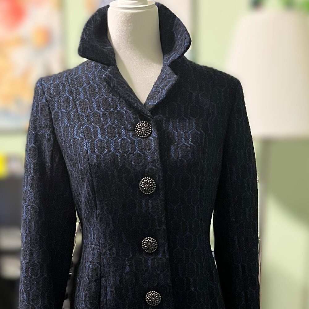 Wool/Polyester Blend Dress Coat, Black and Blue, Size S/P